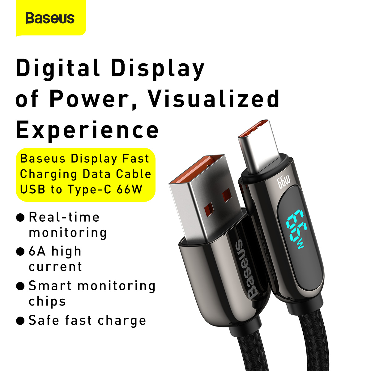 Baseus Display USB-A till USB-C kabel, 66W, 6A, 2m, svart