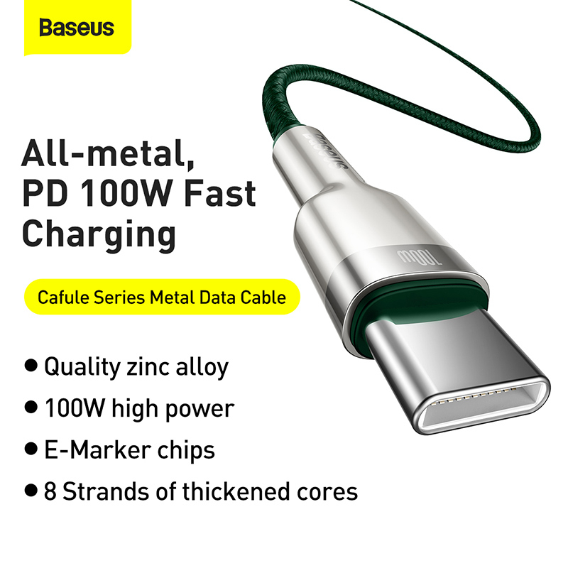 Baseus Cafule USB-C till USB-C datakabel, 100W, 5A, 2m, grön