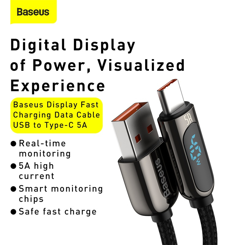 Baseus Display USB till USB-C kabel, snabbladdning, 5A,1m, svart