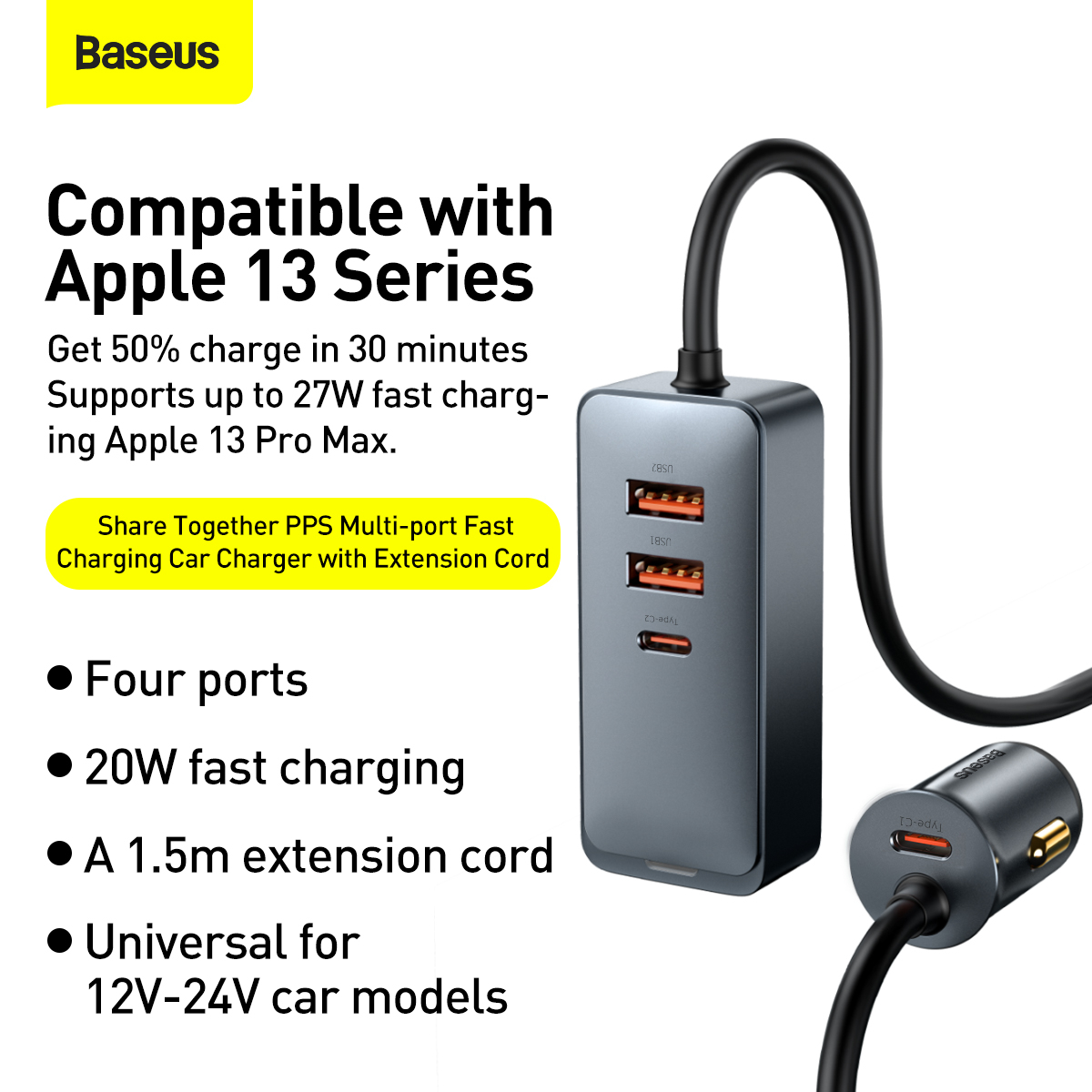 Baseus Share Together billaddare, 2xUSB+2xUSB-C, 120W, svart
