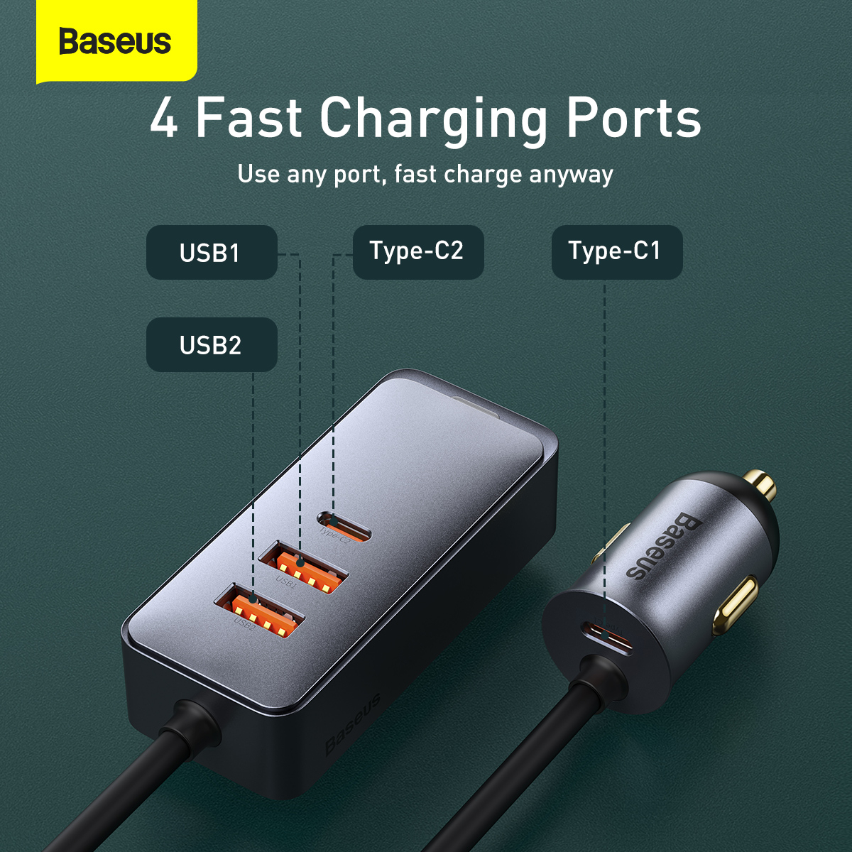 Baseus Share Together billaddare, 2xUSB+2xUSB-C, 120W, svart