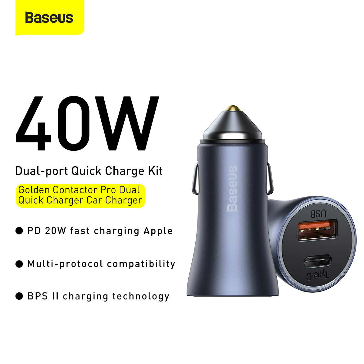 Baseus Billaddare med USB+USB-C uttag och snabbladdning, 40W