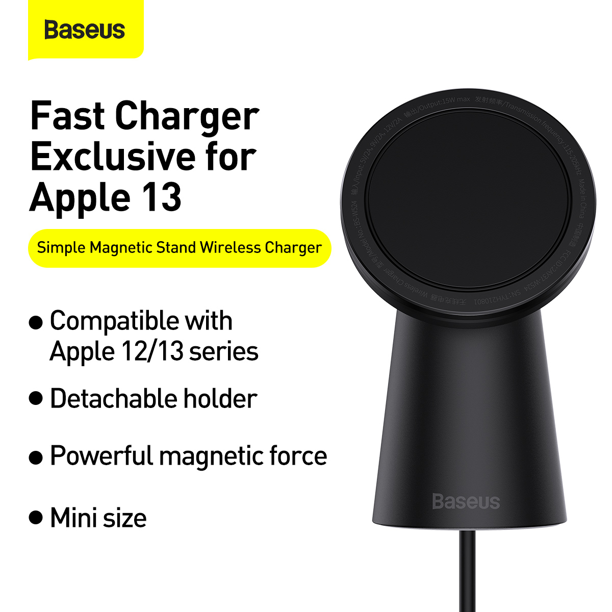 Baseus Simple magnetisk mobilhållare med trådlös laddare, 15W