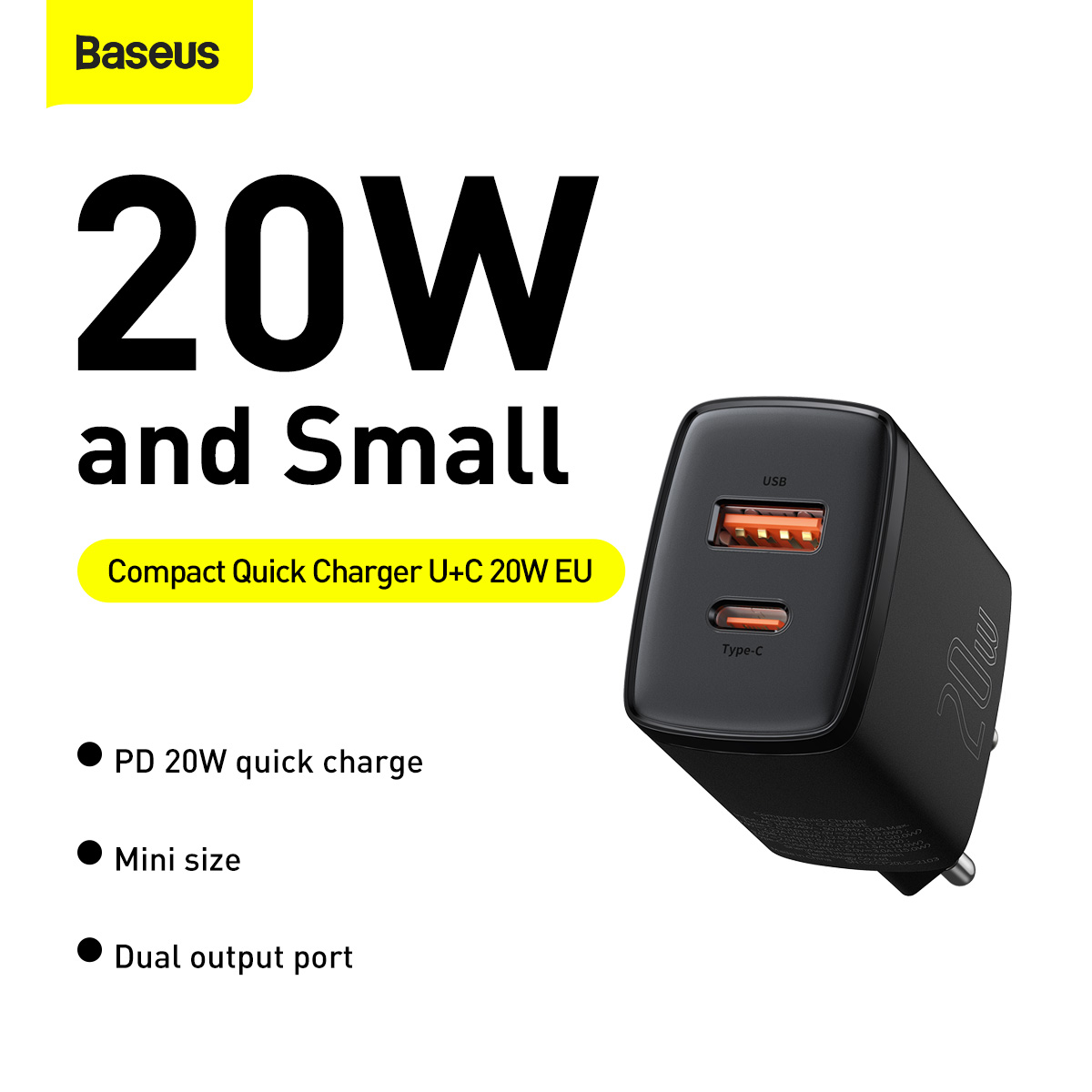 Baseus CCXJ-B01 Compact Väggladdare USB+USB-C, 20W, EU, svart