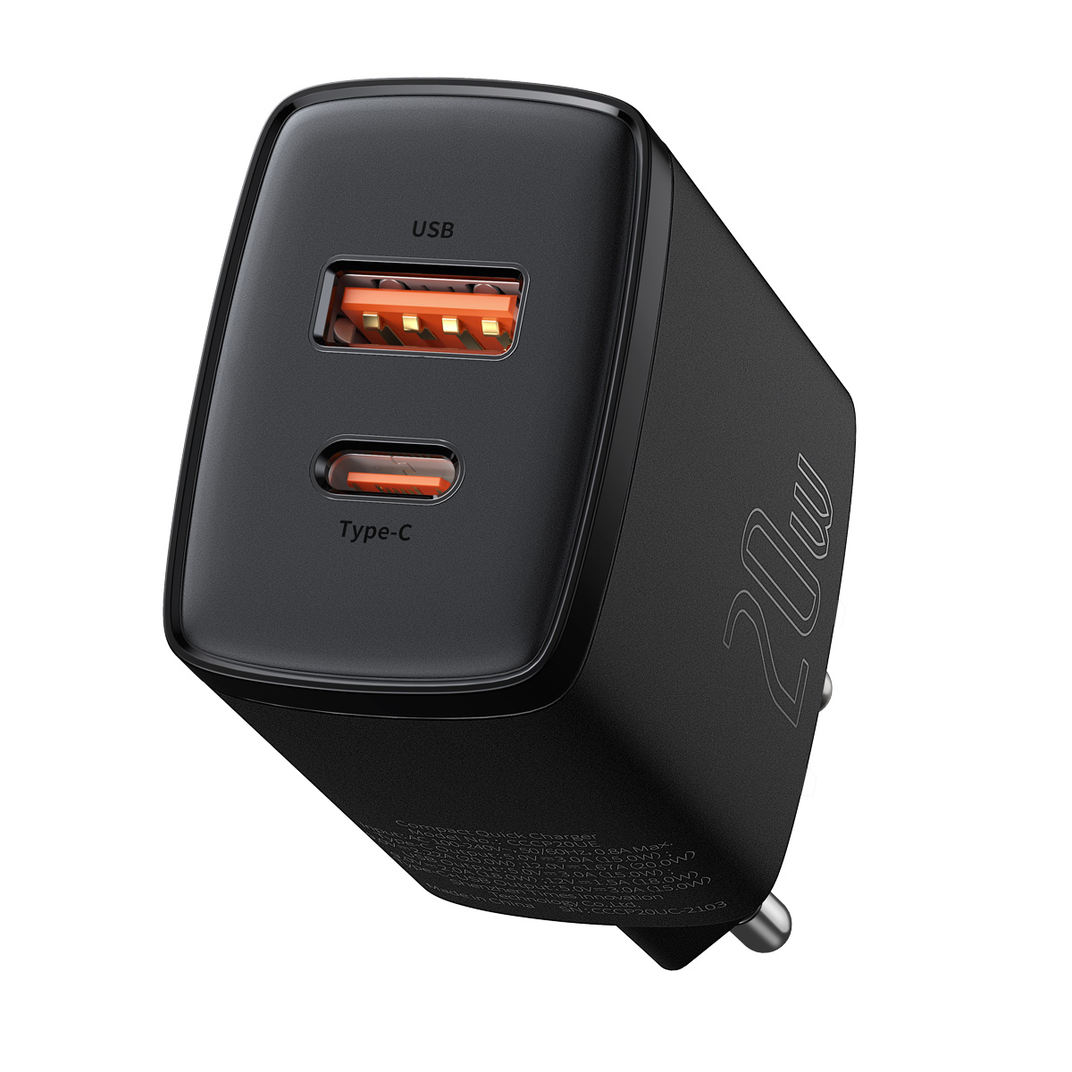 Baseus CCXJ-B01 Compact Väggladdare USB+USB-C, 20W, EU, svart