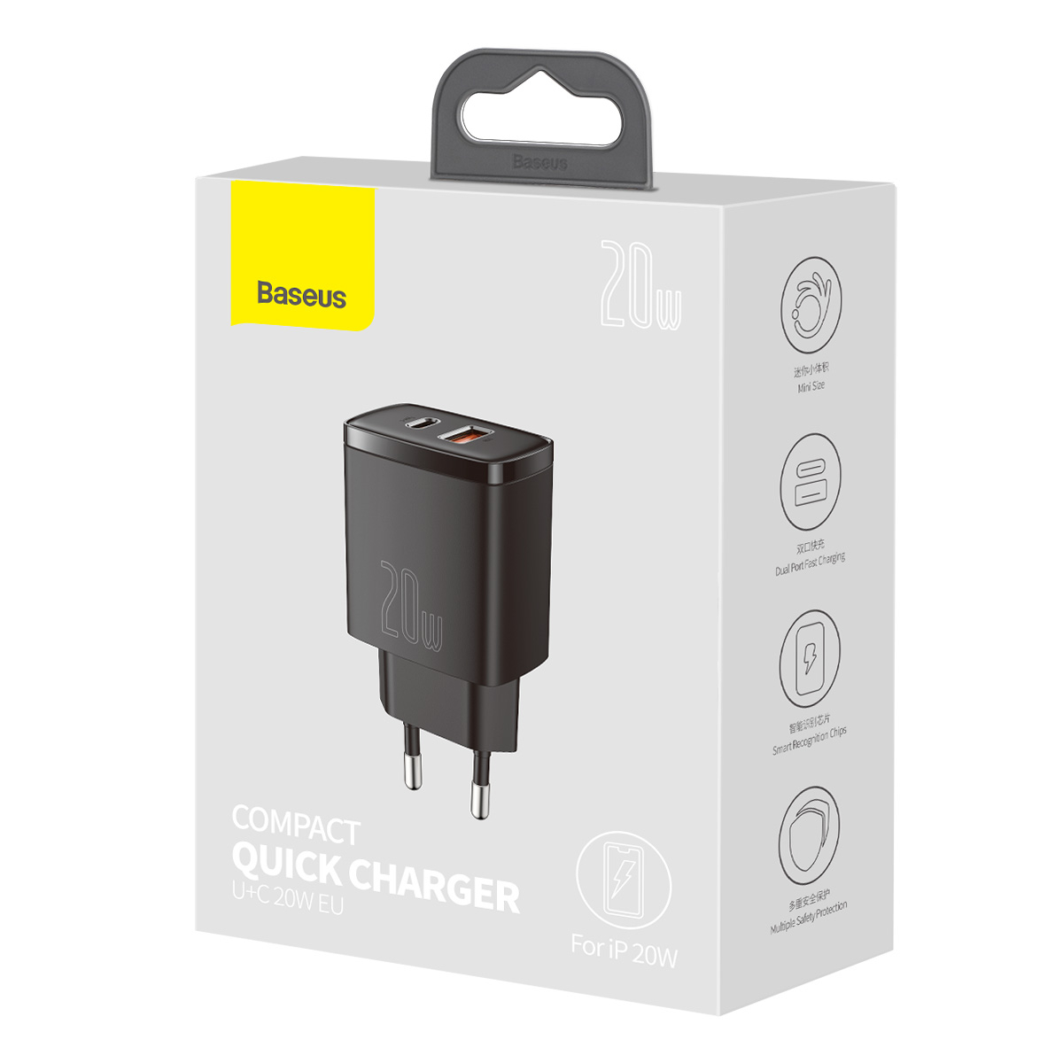 Baseus CCXJ-B01 Compact Väggladdare USB+USB-C, 20W, EU, svart