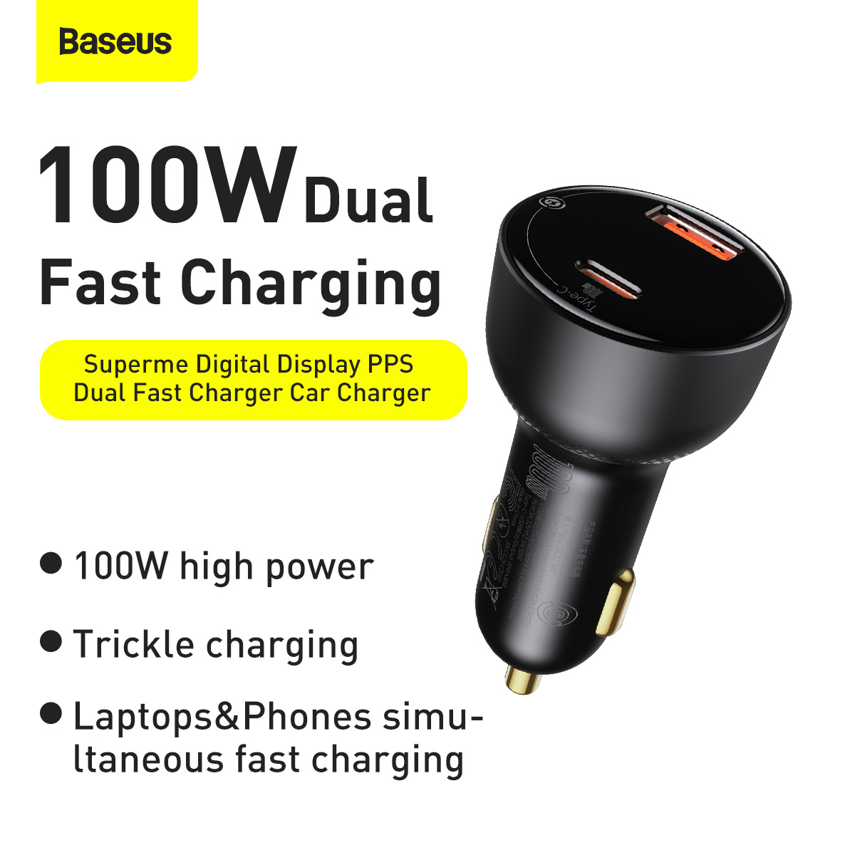 Baseus USB-C+USB billaddare med display 65+30W, svart