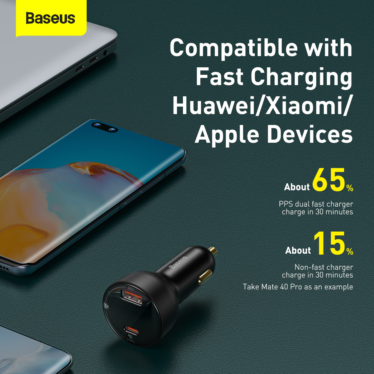 Baseus USB-C+USB billaddare med display 65+30W, svart