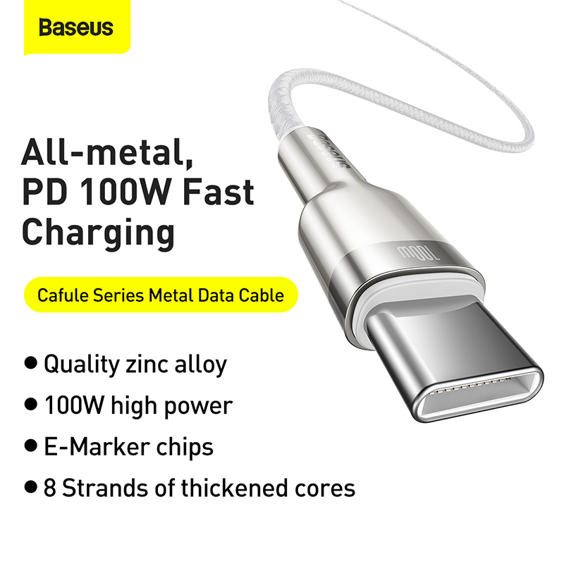 Baseus Cafule USB-C till USB-C datakabel, 100W, 5A, 1m, vit