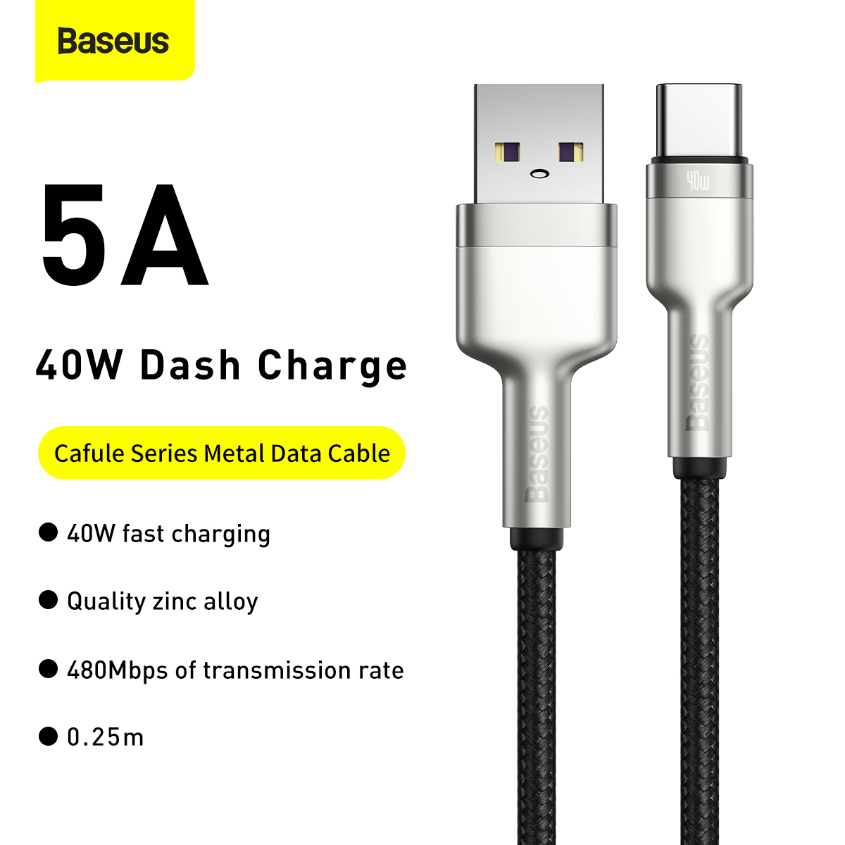 Baseus Cafule USB till USB-C datakabel, 40W, 5A, 0.25m, svart