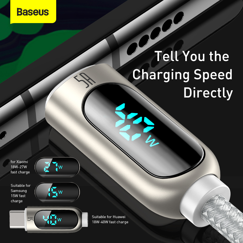 Baseus Display USB till USB-C kabel, snabbladdning, 5A, 2m, vit