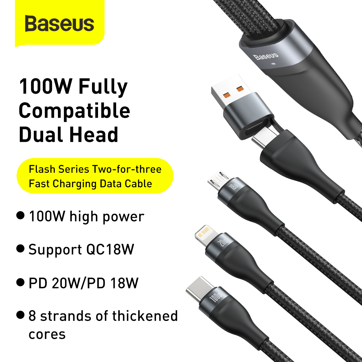 Baseus Flash 3-i-1 Universalkabel 100W ,1.2m, grå
