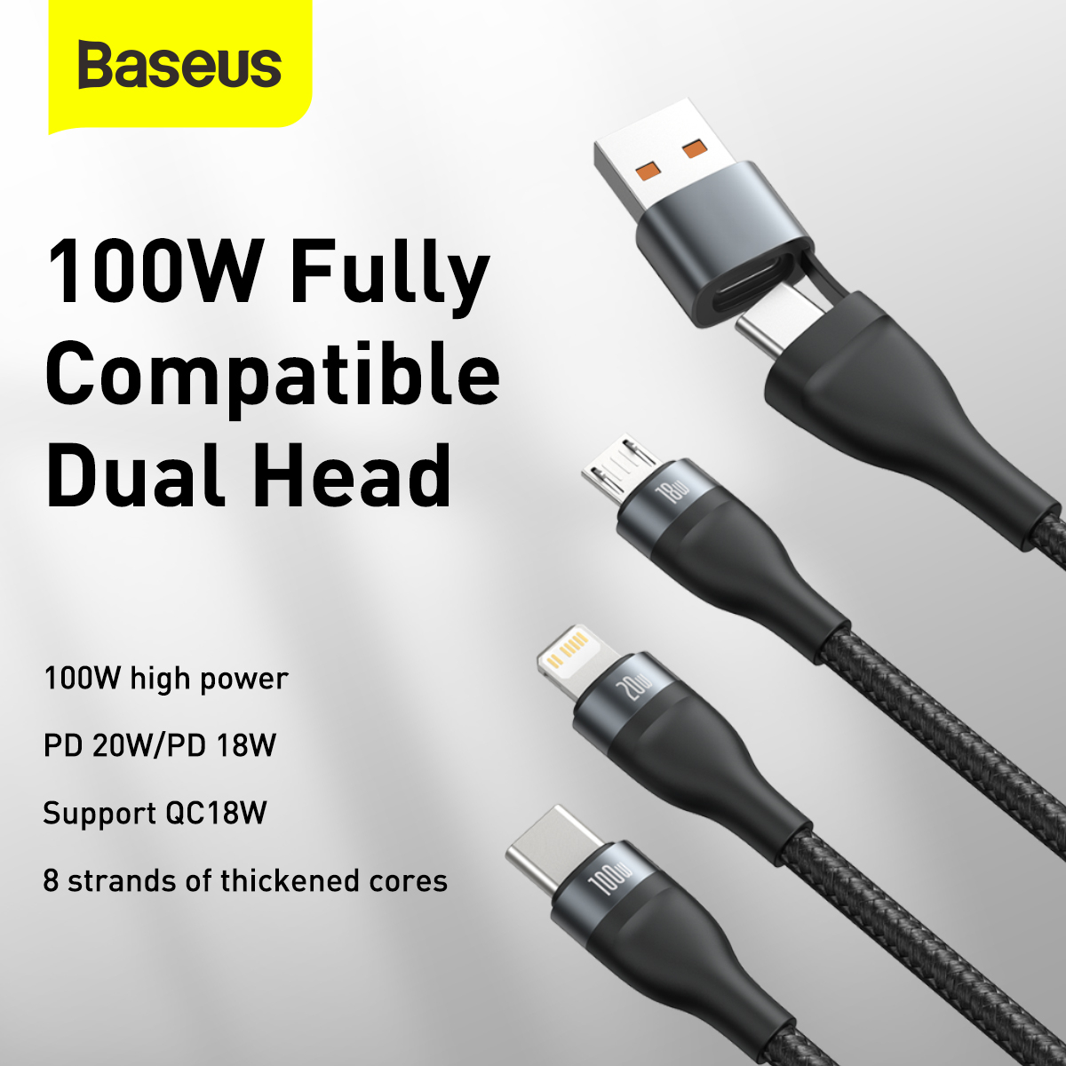 Baseus Flash 3-i-1 Universalkabel 100W ,1.2m, grå