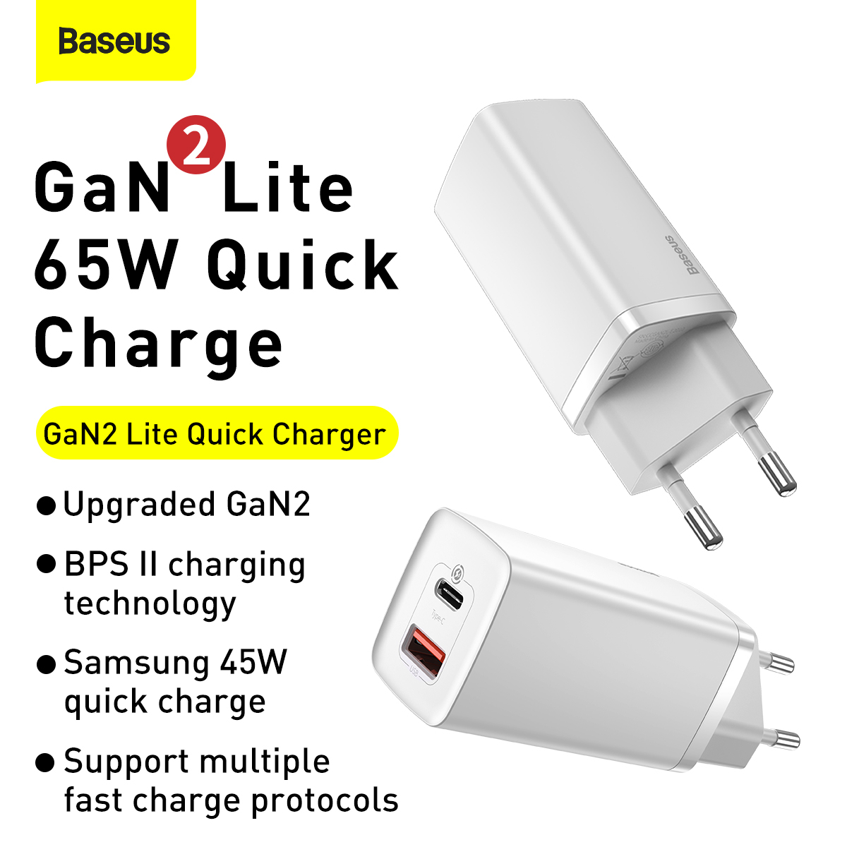 Baseus GaN2 Lite Väggladdare med USB-C+USB, 65W, EU, vit