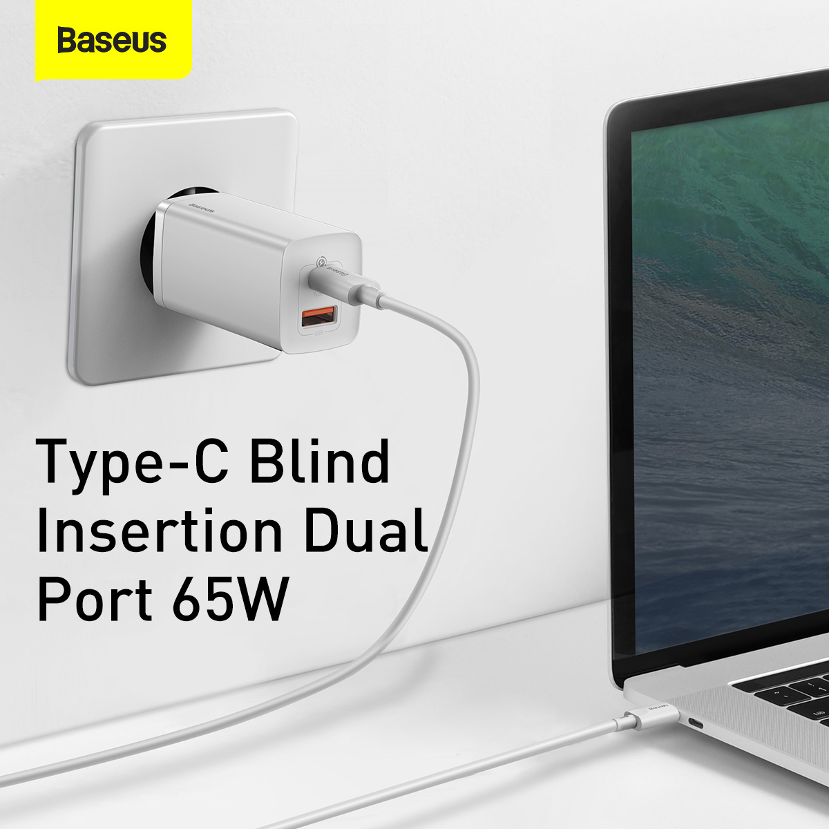 Baseus GaN2 Lite Väggladdare med USB-C+USB, 65W, EU, vit