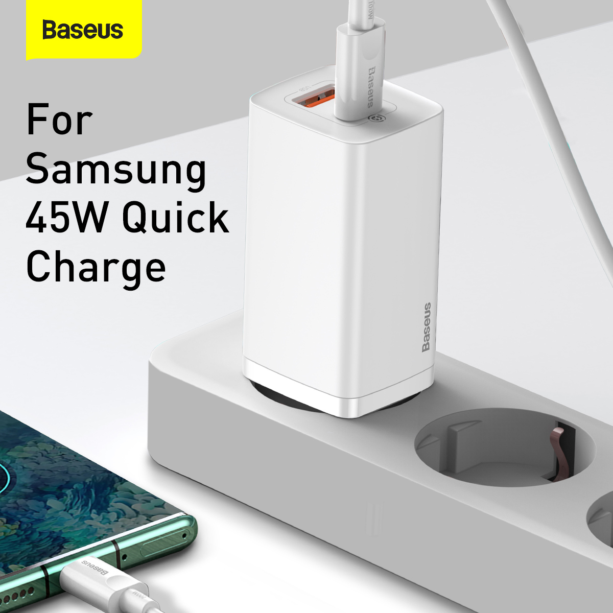 Baseus GaN2 Lite Väggladdare med USB-C+USB, 65W, EU, vit