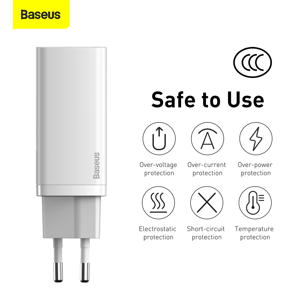 Baseus GaN2 Lite Väggladdare med USB-C+USB, 65W, EU, vit