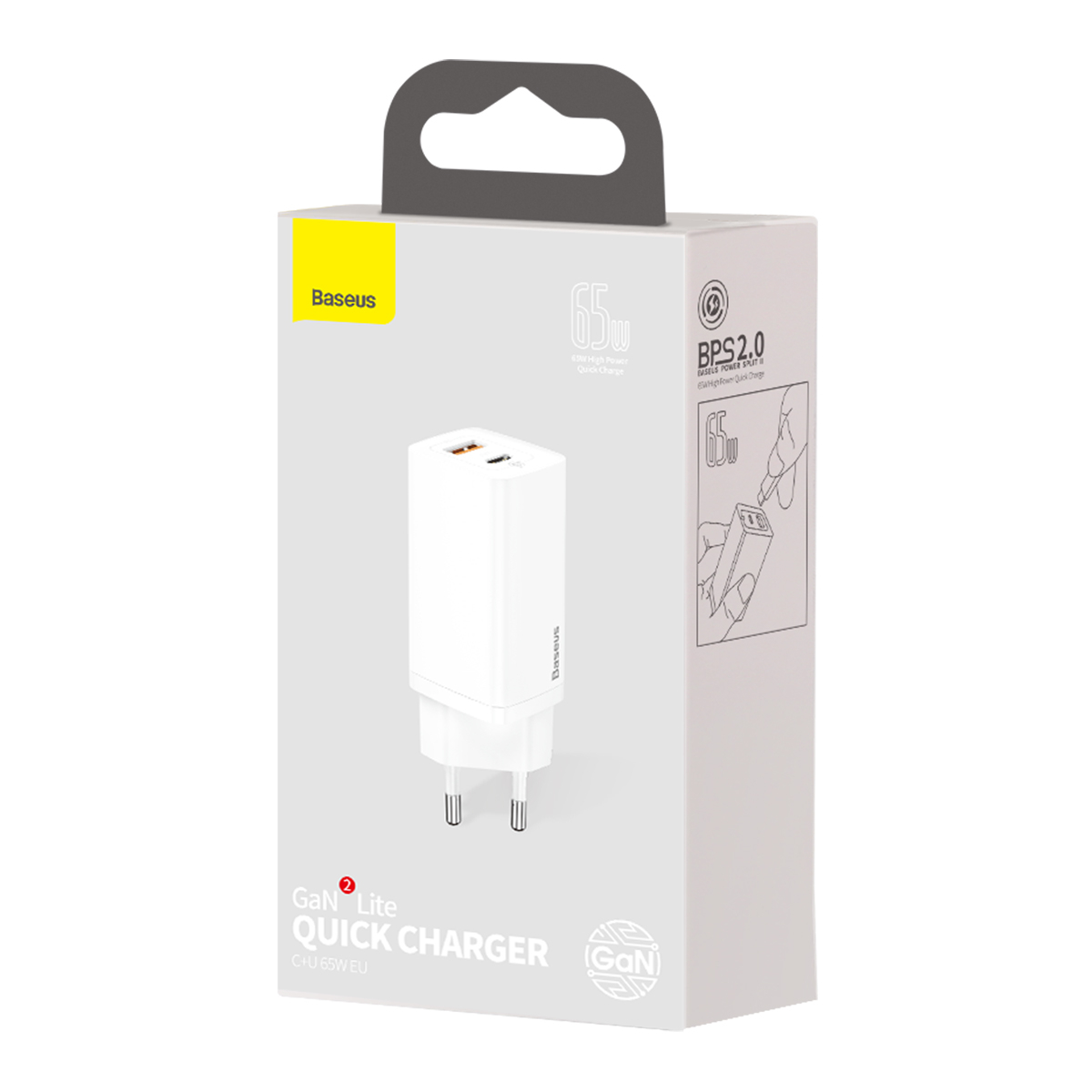 Baseus GaN2 Lite Väggladdare med USB-C+USB, 65W, EU, vit