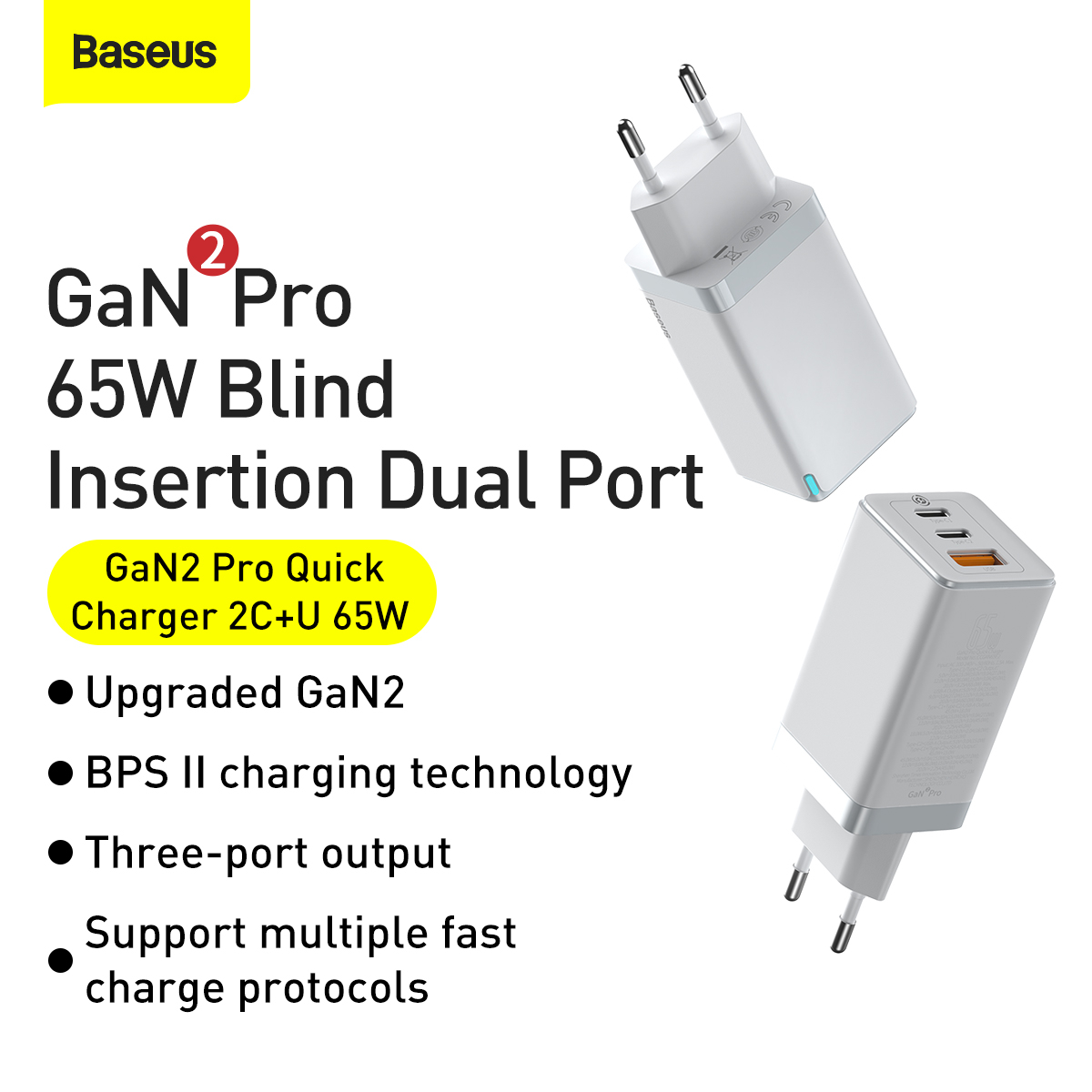 Baseus GaN2 Pro Väggladdare med 2xUSBC+USB, 65W, EU, vit