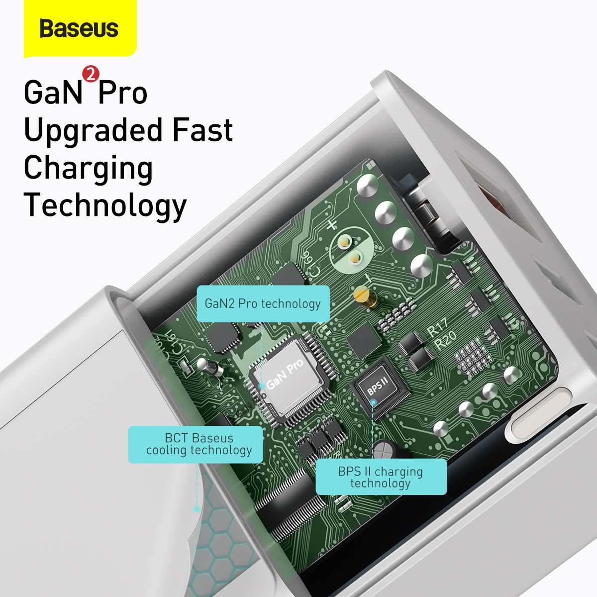 Baseus GaN2 Pro Väggladdare med 2xUSBC+USB, 65W, EU, vit