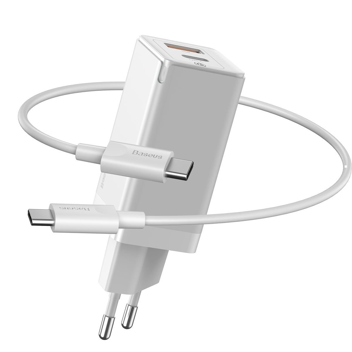 Baseus GaN2 USB-C och USB Väggladdare+USB-C kabel, 45W, 3A, vit