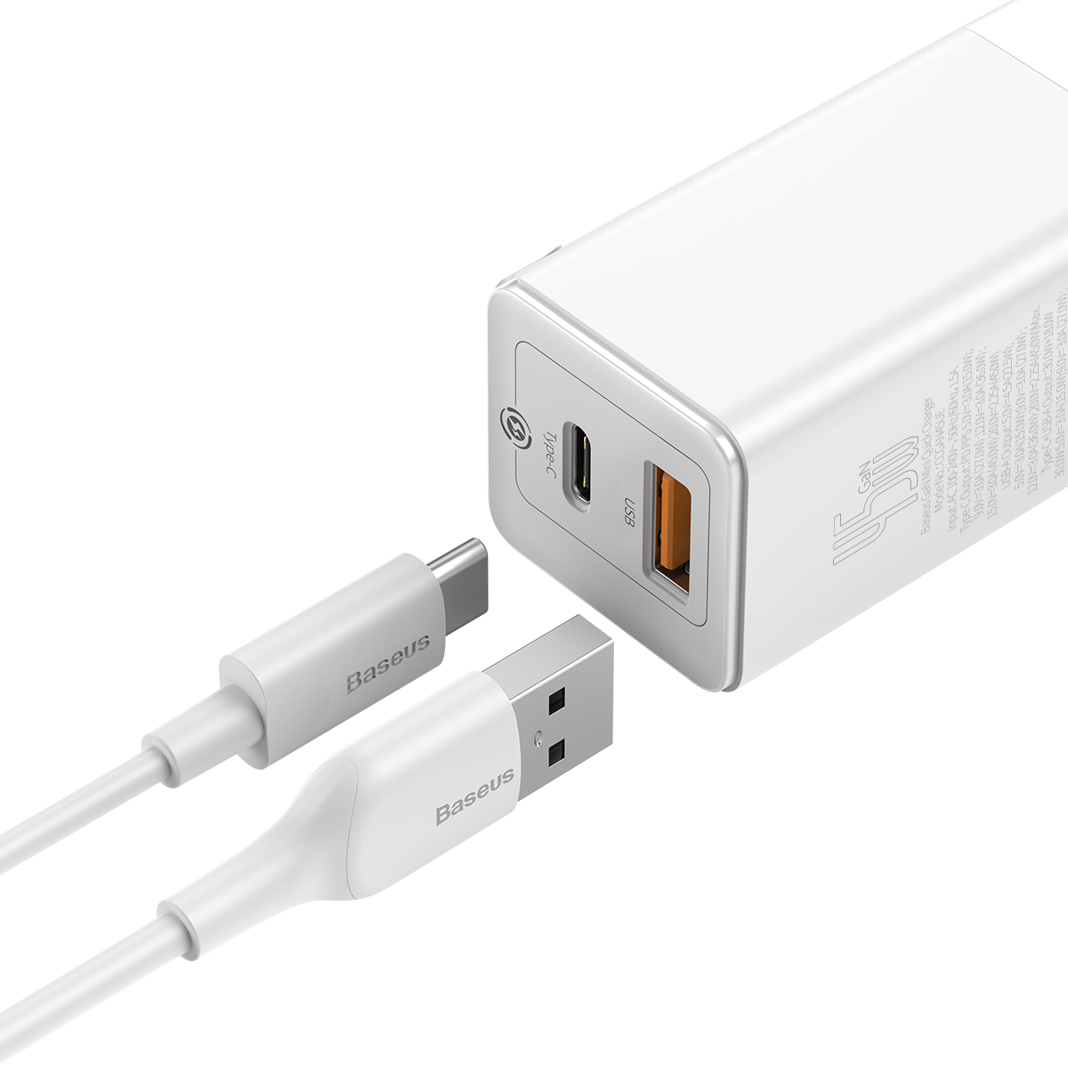 Baseus GaN2 USB-C och USB Väggladdare+USB-C kabel, 45W, 3A, vit