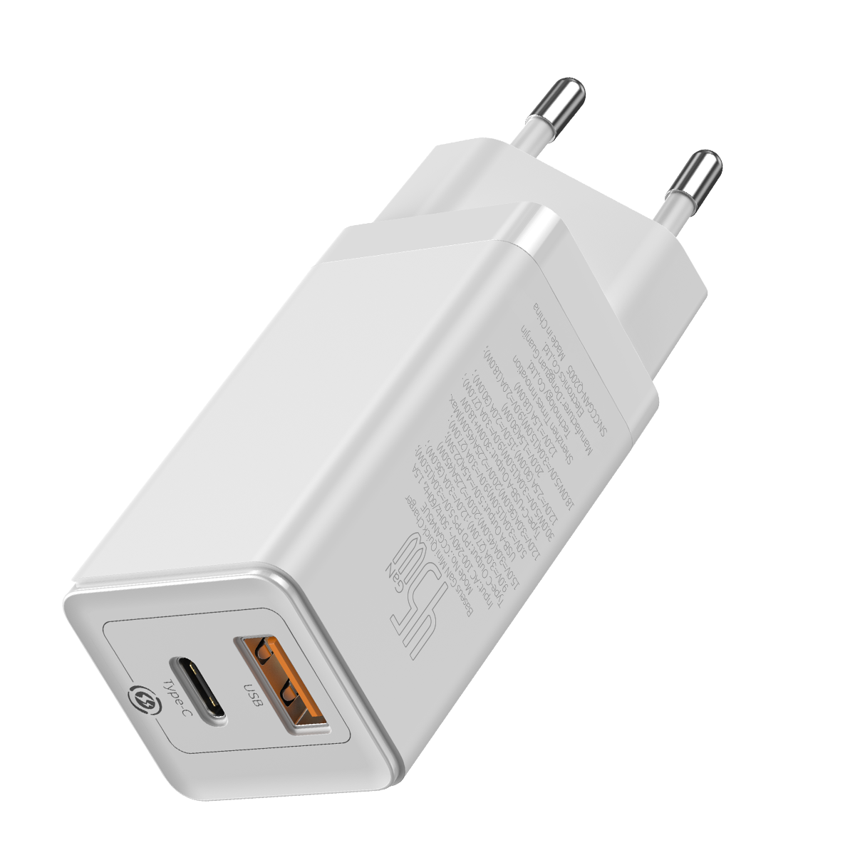 Baseus GaN2 USB-C och USB Väggladdare+USB-C kabel, 45W, 3A, vit