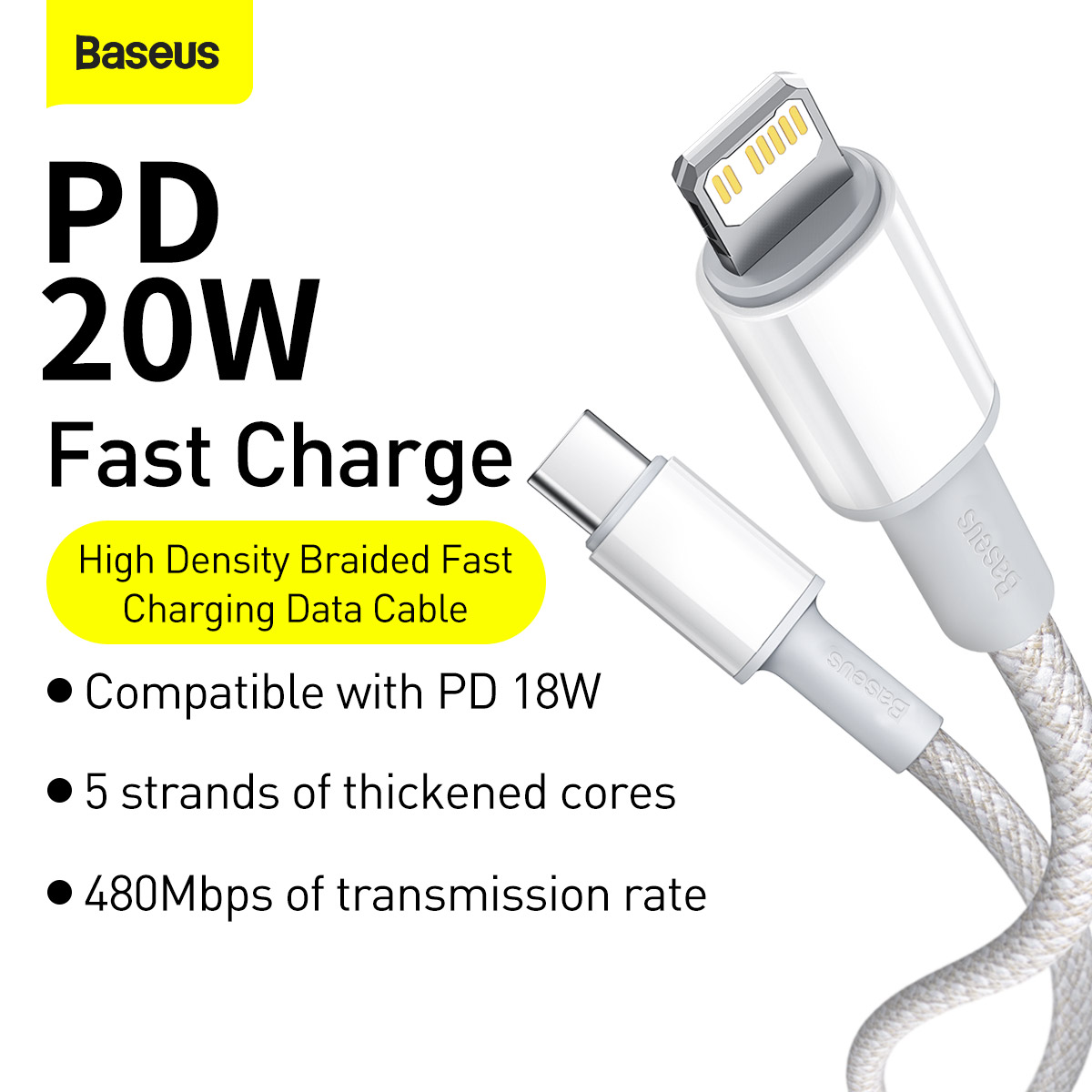 Baseus CATLGD-A02 Lightning till USB-C kabel, 18W, 3A, 2m, vit