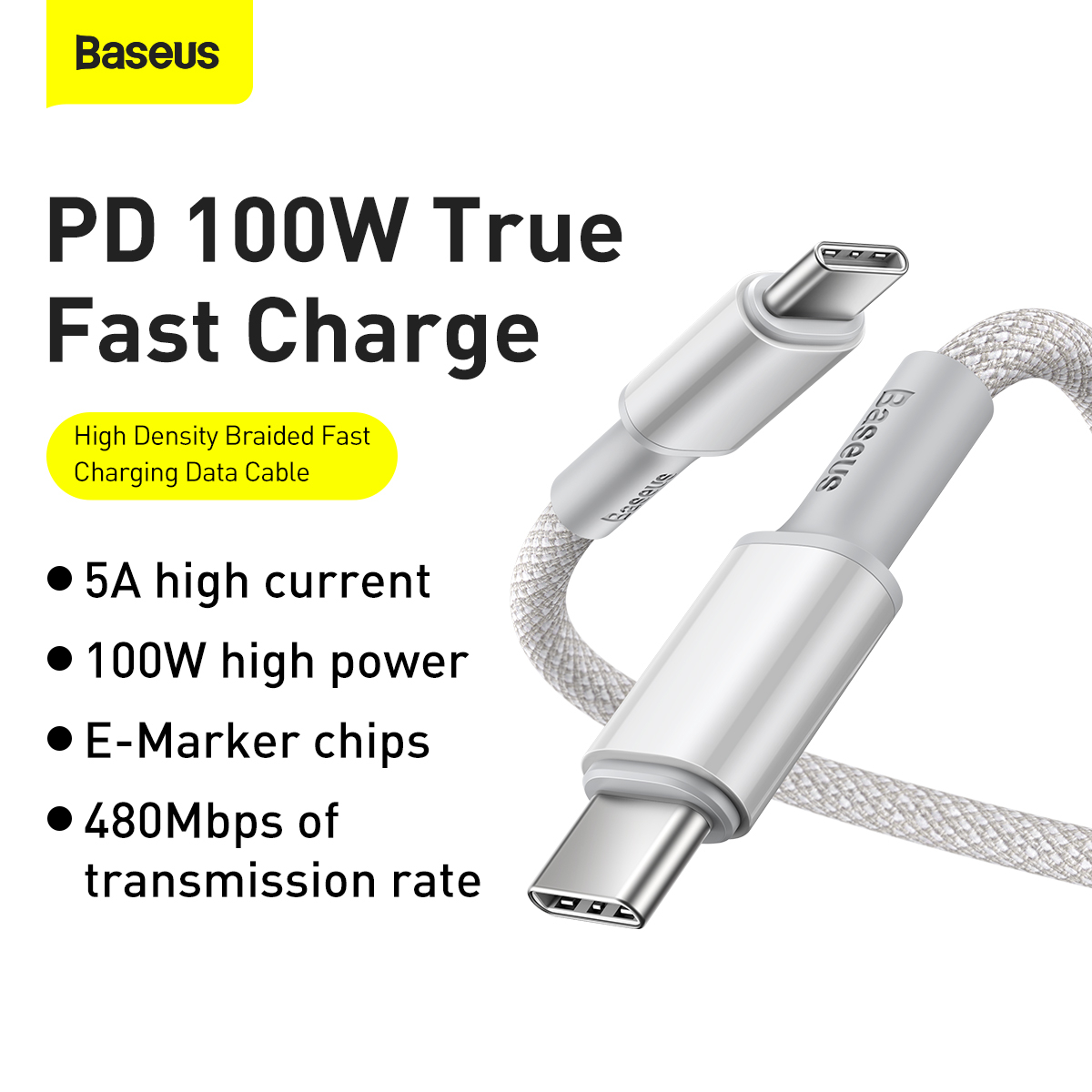 Baseus USB-C till USB-C kabel, snabbladdning, 5A, 1m, vit