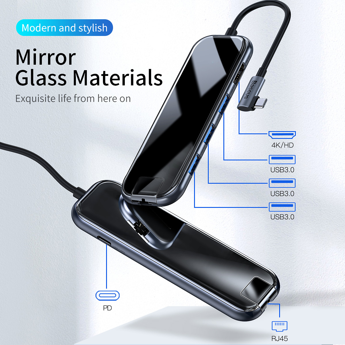 Baseus Mirror series USB-C adapter, HDMI, LAN, 3xUSB 3.0, svart