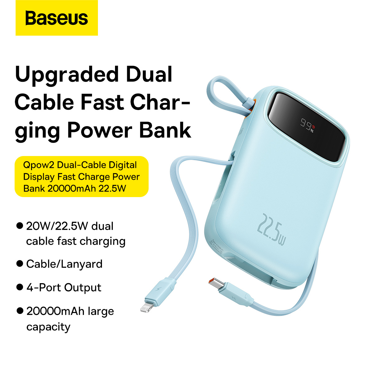 Baseus Qpow2 powerbank med display och ögla, 20 000mAh, blå