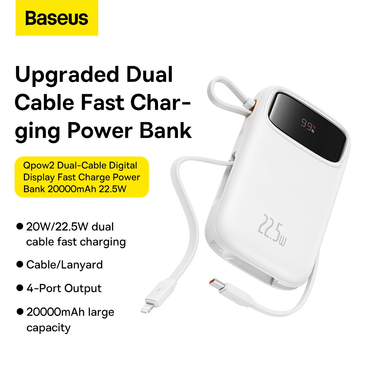 Baseus Qpow2 powerbank med display och ögla, 20 000mAh, vit