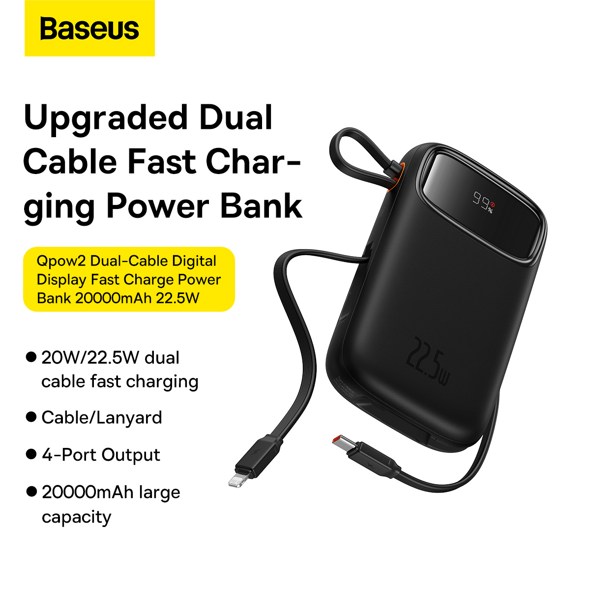 Baseus Qpow2 powerbank med display och ögla, 20 000mAh, svart