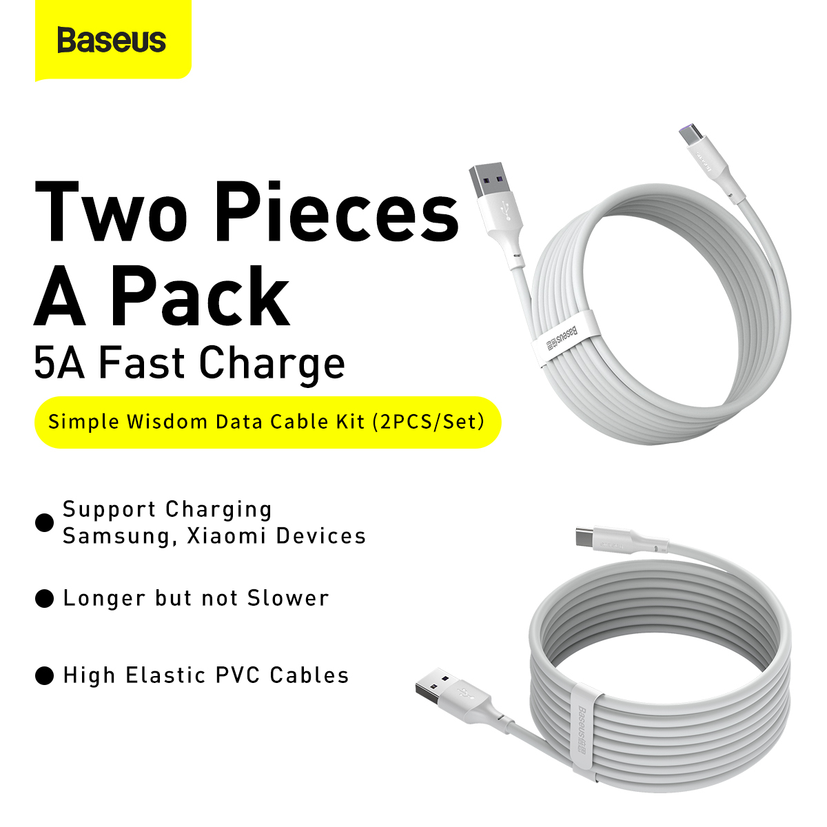 Baseus Simple USB till USB-C kabel, 5A, 40W, 1.5m, 2-pack