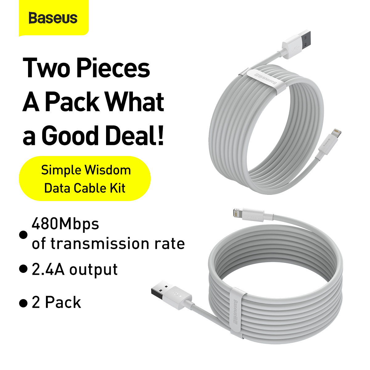 Baseus Simple USB till Lightning-kabel, 5A, 40W, 1.5m, 2-pack