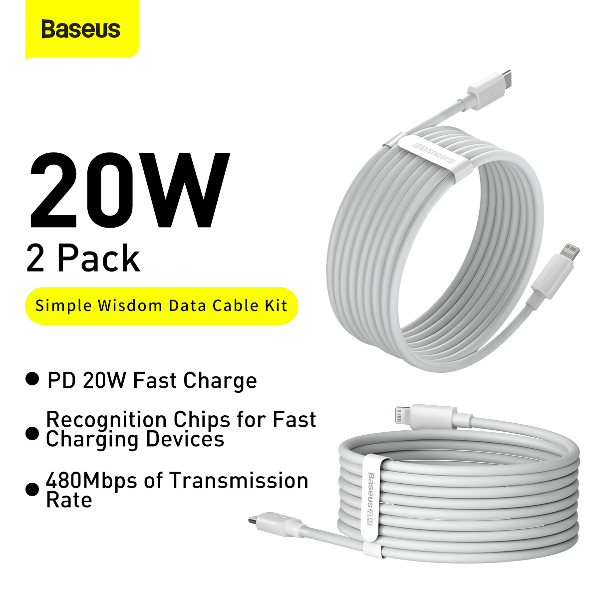 Baseus Simple USB-C-Lightning-kabel, PD, 20W, 1.5m, 2-pack