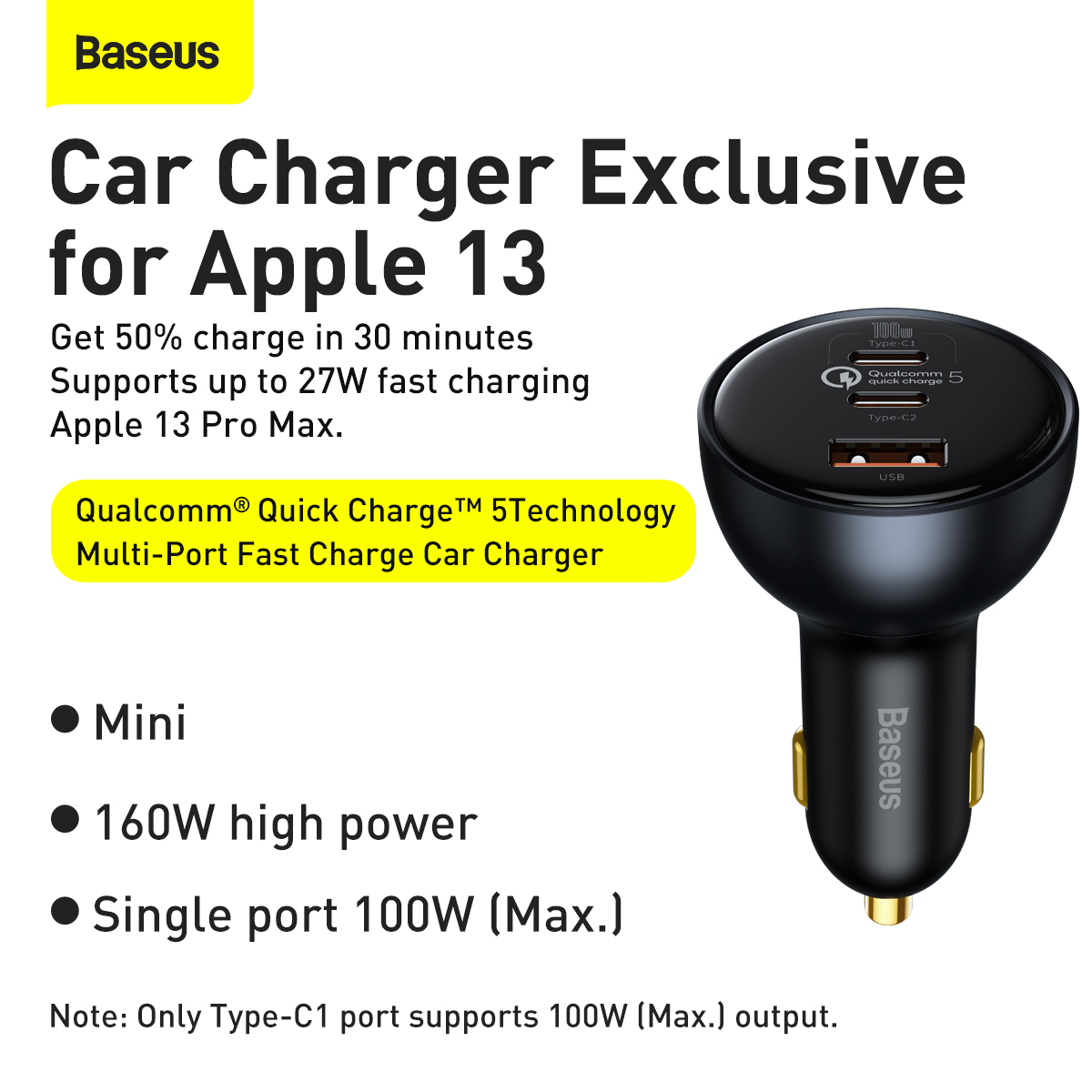 Baseus 2xUSB-C+USB billaddare, QC, PD, 160W, svart