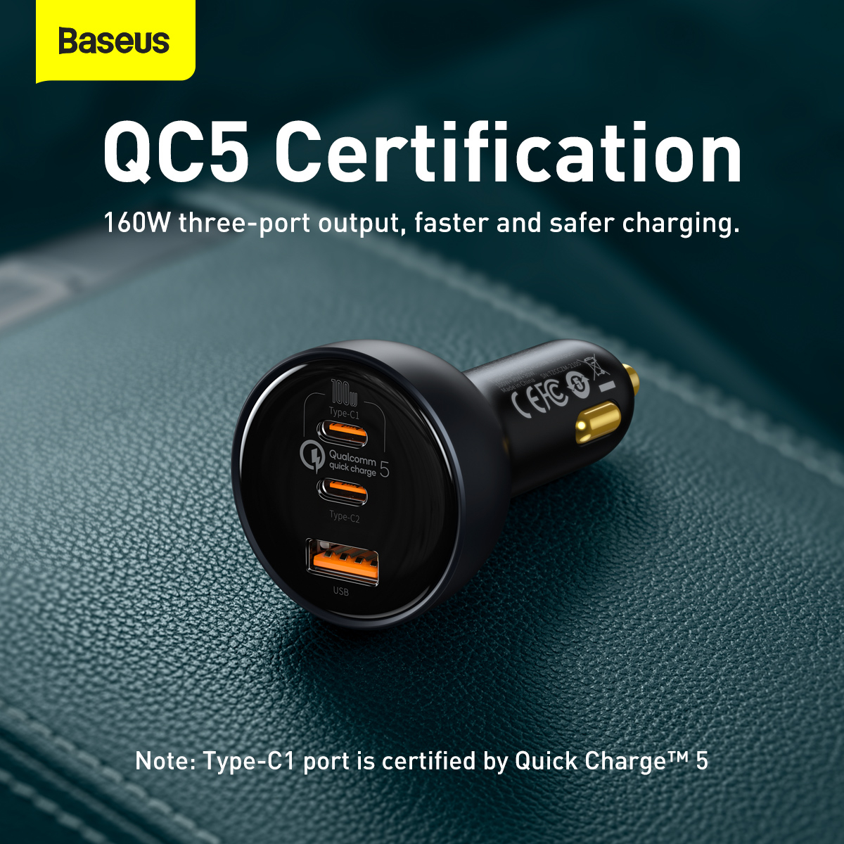 Baseus 2xUSB-C+USB billaddare, QC, PD, 160W, svart