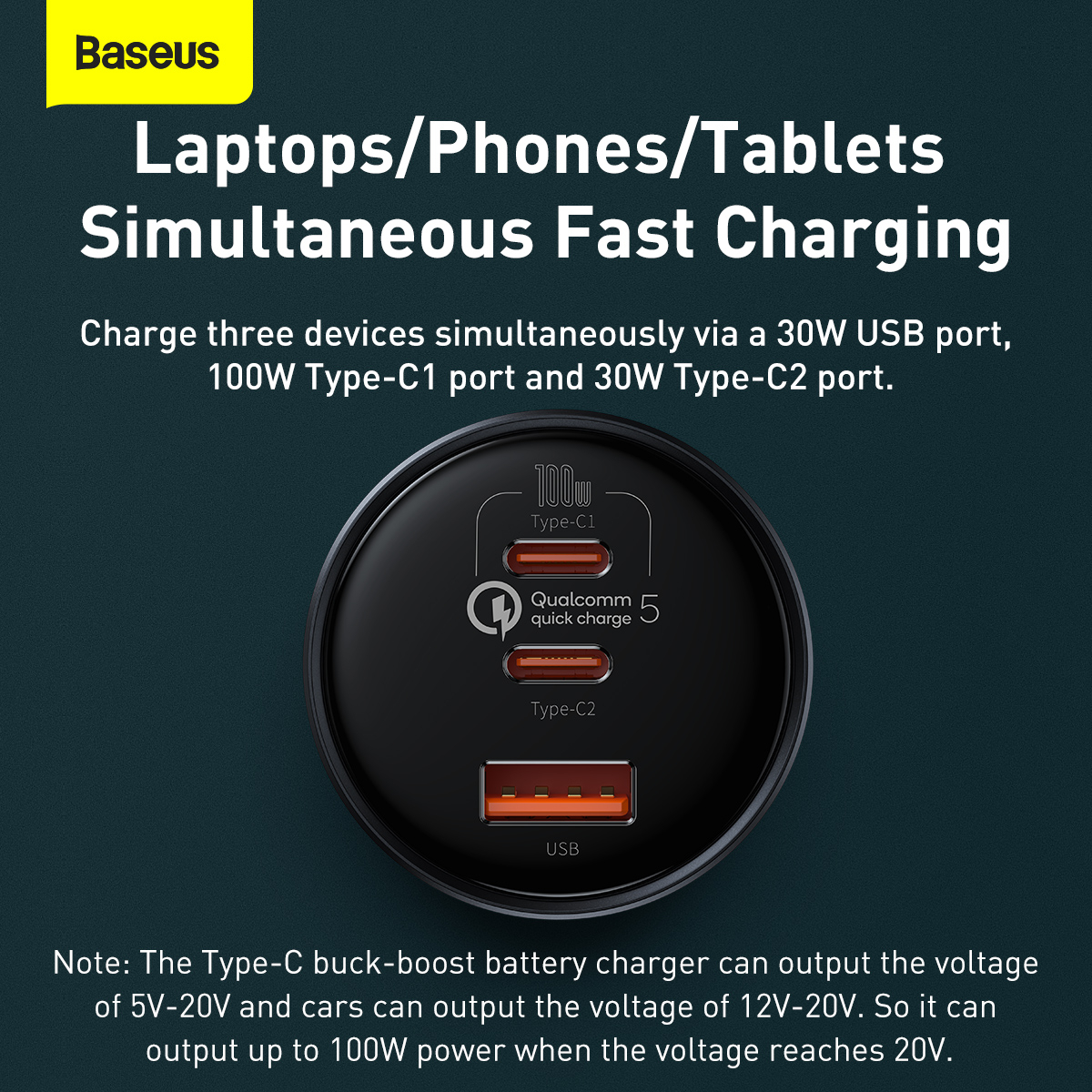 Baseus 2xUSB-C+USB billaddare, QC, PD, 160W, svart