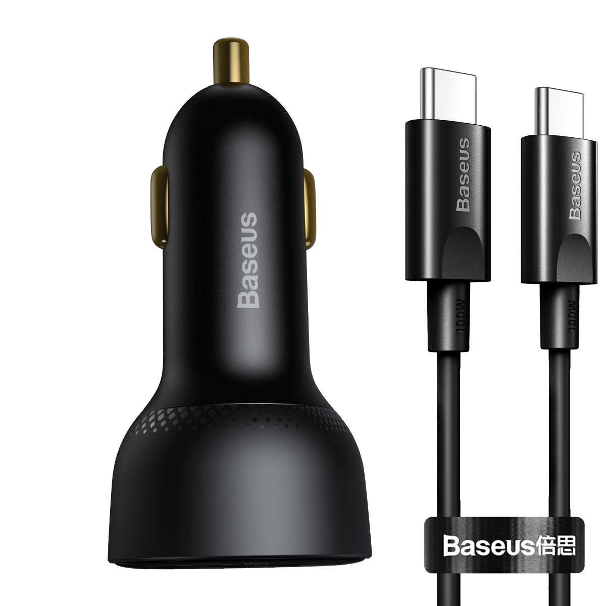 Baseus USB-C+USB billaddare med display + USB-C kabel , svart