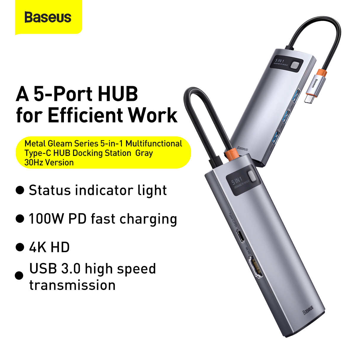 Baseus Metal Gleam 5-i-1 USB-C hubb, 3xUSB3.0, HDMI, 5Gbps