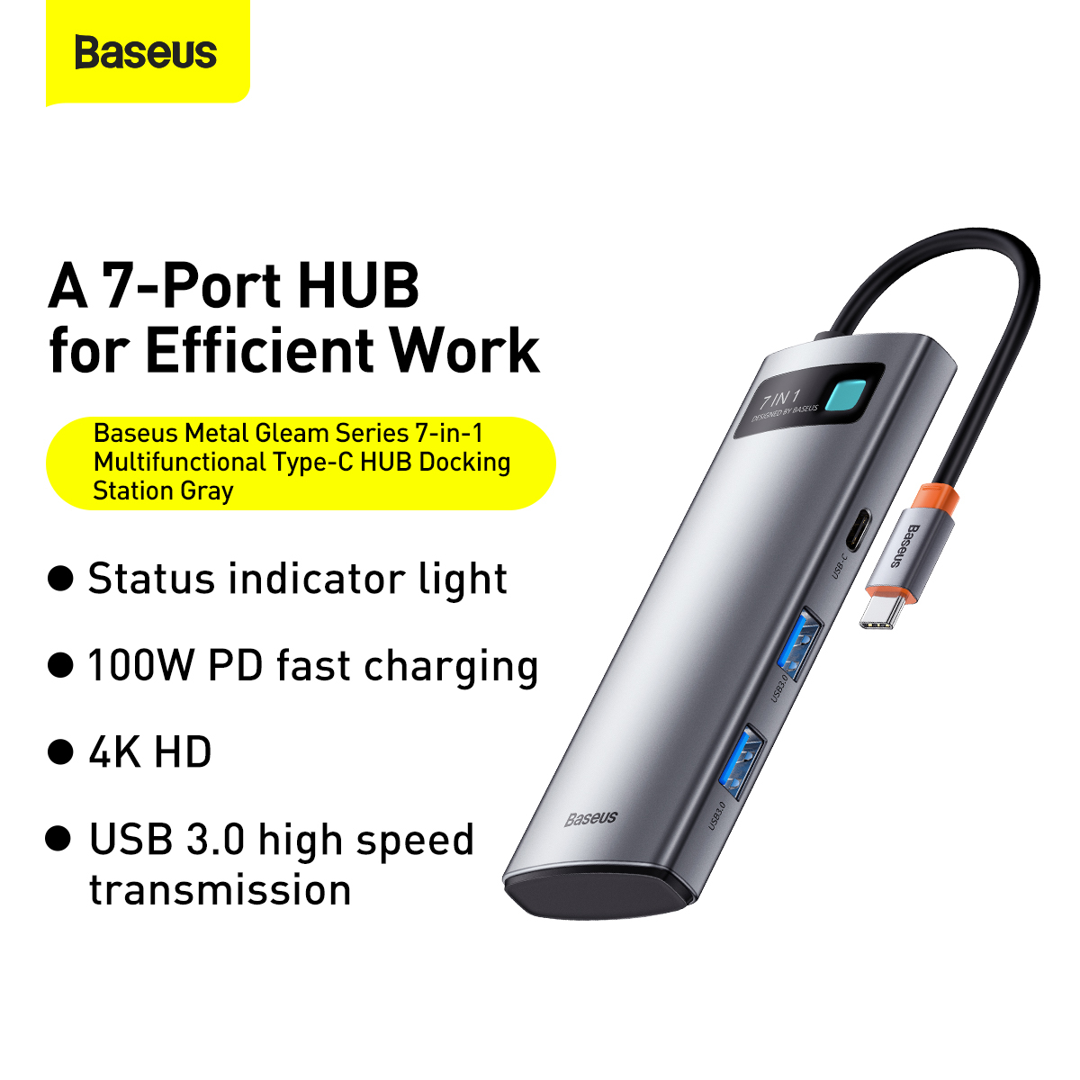 Baseus Metal Gleam 7-i-1 USB-C hubb, 3xUSB3.0, HDMI, 5Gbps