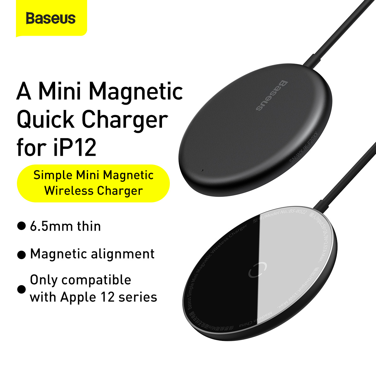 Baseus WXJK-F01 Magnetisk trådlös laddare, iPhone 12, 15W, svart