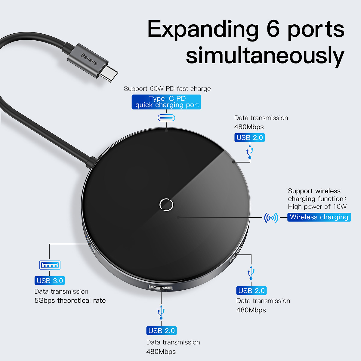 Baseus Circular Mirror trådlös laddare med USB hub, svart