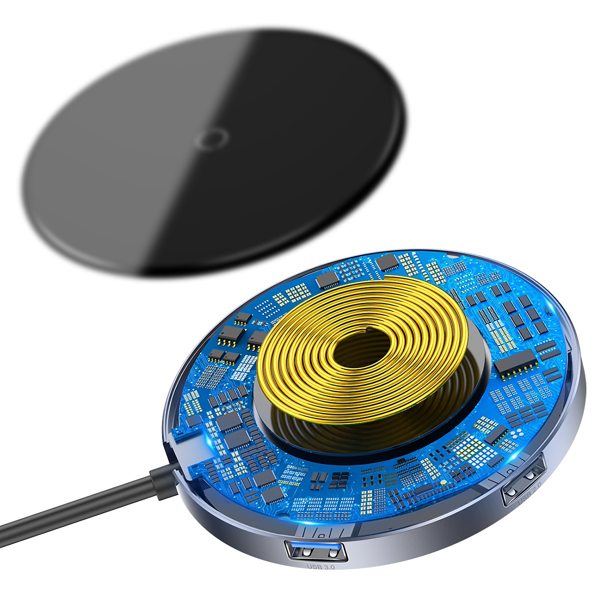 Baseus Circular Mirror trådlös laddare med USB hub, svart