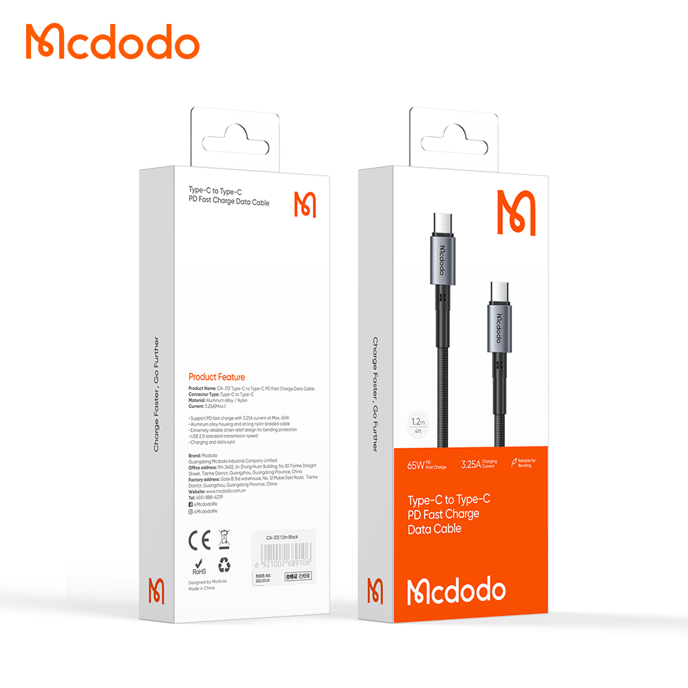 McDodo CA-313 USB-C till USB-C kabel, PD, 65W, 3.25A, 1m