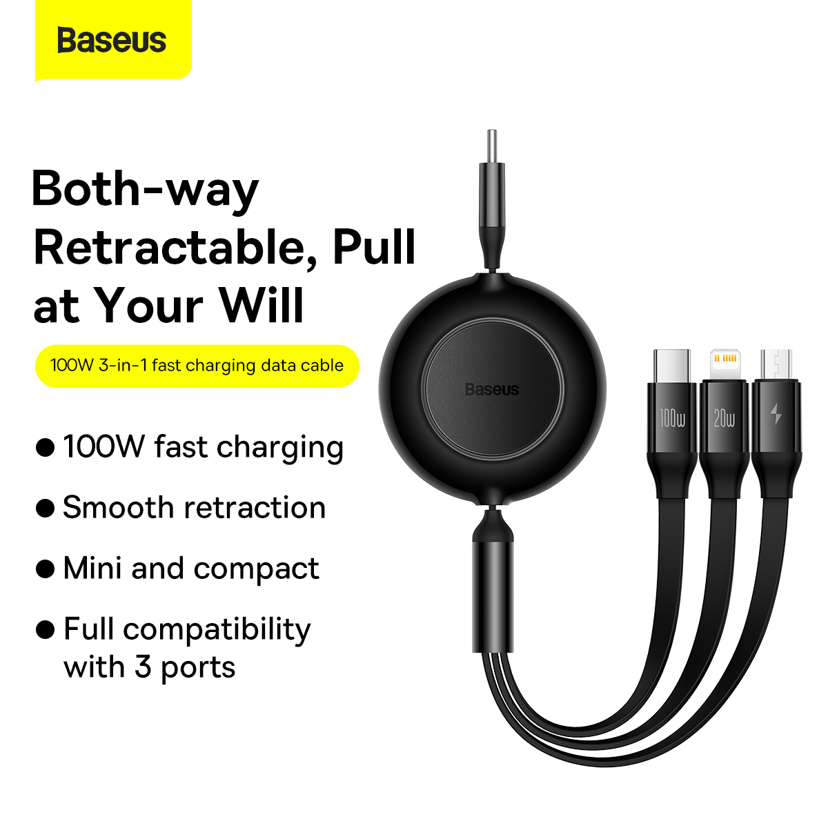 Baseus CB000008 Bright Mirror 2 Upprullad 3-i-1 kabel, 100W