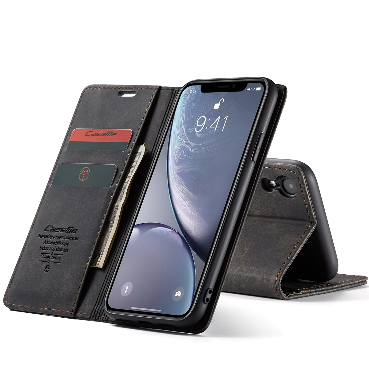 CaseMe plånboksfodral med ställ till iPhone XR, svart