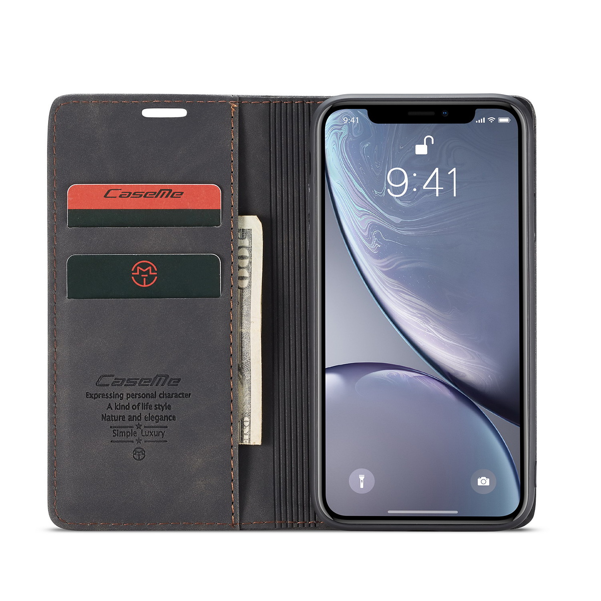 CaseMe plånboksfodral med ställ till iPhone XR, svart