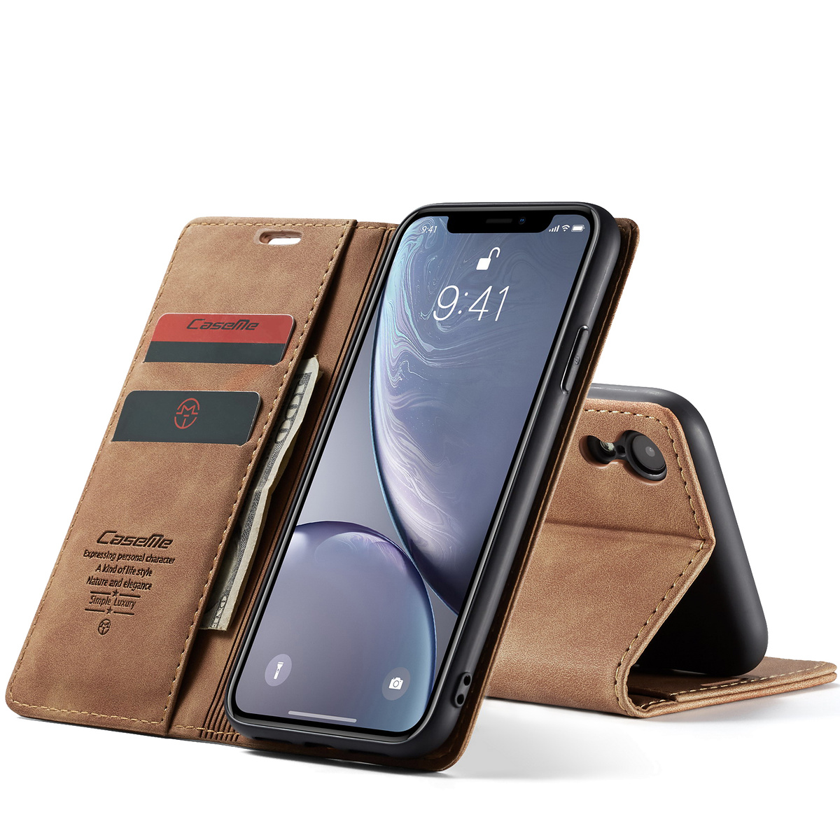 CaseMe plånboksfodral med ställ till iPhone XR, brun